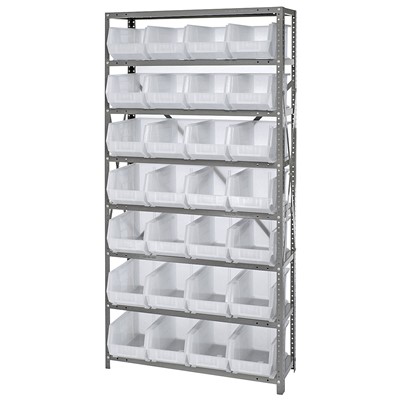 Quantum Storage Systems QSBU-239CL - Stack & Hang Series Clear-View Giant Open Hopper Steel Shelving w/28 Bins - 12" x 36" x 75" - Clear