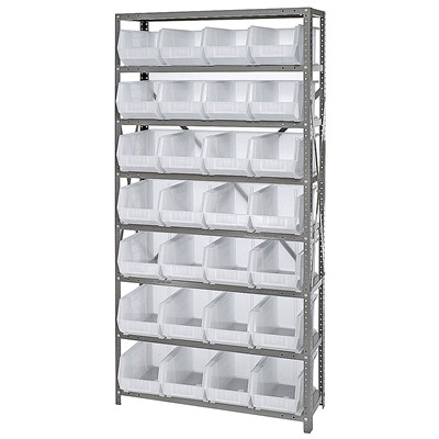 Quantum Storage Systems QSBU-240CL - Stack & Hang Series Clear-View Giant Open Hopper Steel Shelving w/28 Bins - 12" x 36" x 75" - Clear