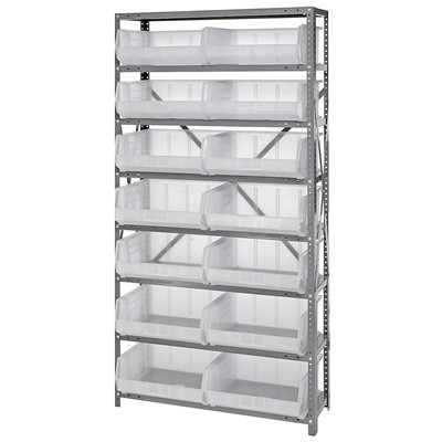 Quantum Storage Systems QSBU-250CL - Stack & Hang Series Clear-View Giant Open Hopper Steel Shelving w/14 Bins - 12" x 36" x 75" - Clear