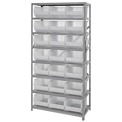 Quantum Storage Systems QSBU-255CL - Stack & Hang Series Clear-View Giant Open Hopper Steel Shelving w/21 Bins - 18" x 36" x 75" - Clear