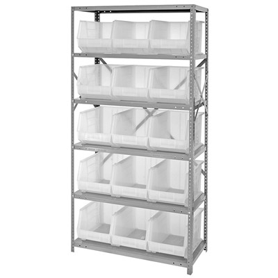 Quantum Storage Systems QSBU-260CL - Stack & Hang Series Clear-View Giant Open Hopper Steel Shelving w/15 Bins - 18" x 36" x 75" - Clear