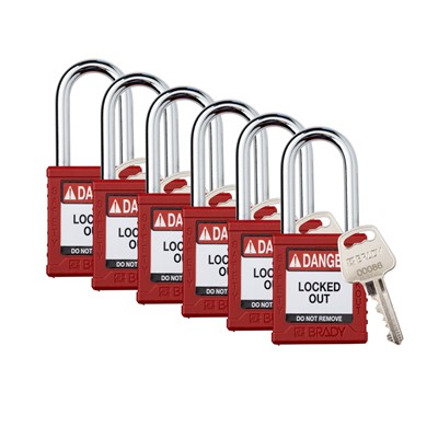 Brady SDPL-RED-38ST-KD6 (153457) Safety Lockout Padlock - Plastic - 1.5" - Steel Shackle - Red Keyed Different - 6/PK