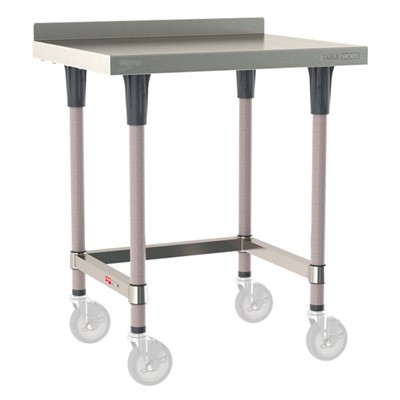 InterMetro Industries TWM2430SU-304B-K TableWorx Mobile-Ready 24" x 30 " - 304 Surface with Backsplash - Stainless Steel 3-Sided Frame - Metroseal Gray Epoxy Coated Legs and Polymer Leg Mounts