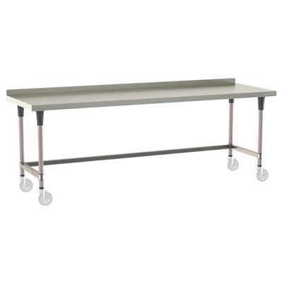 InterMetro Industries TWM3096SU-304B-K TableWorx Mobile-Ready 30" x 96 " - 304 Surface with Backsplash - Stainless Steel 3-Sided Frame - Metroseal Gray Epoxy Coated Legs and Polymer Leg Mounts